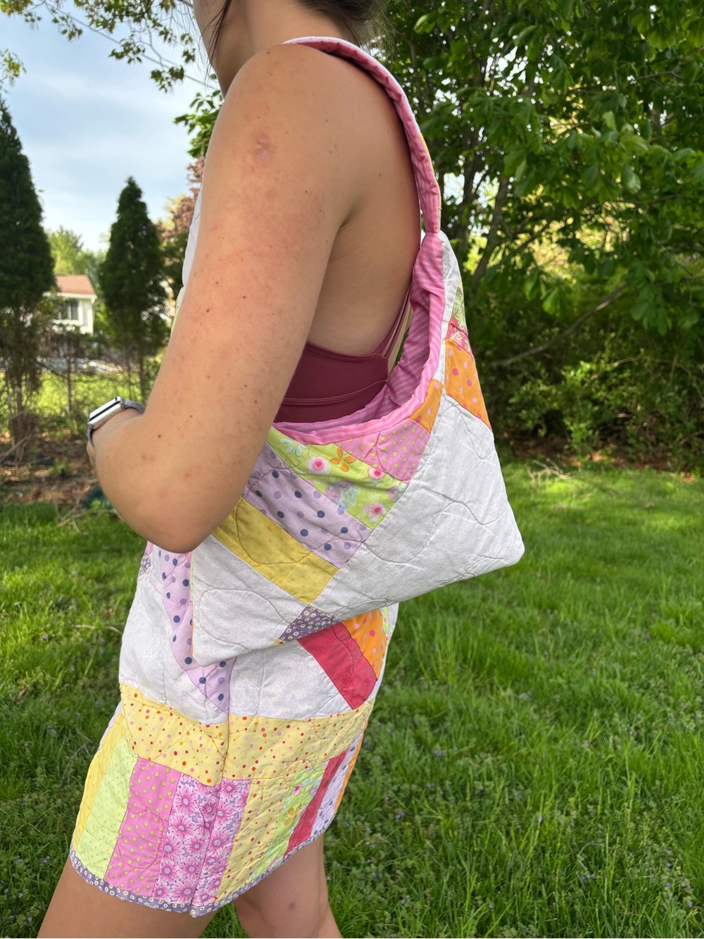 Patchwork Quilted Bag in Pastel Pink, Yellow & Green